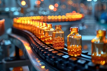 Team of engineers at a pharmaceutical production line, inspecting vial filling with a sterile environment, mid-shot