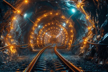 Underground mining with robotic drills, stark lighting, side perspective,