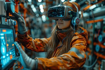 Virtual reality simulation of machinery operation, operator using VR headset and gloves, digital interface elements