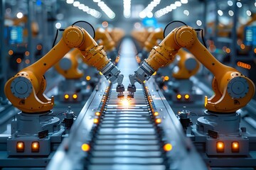 Wide factory floor with multiple robots working, panoramic view, clear lighting,