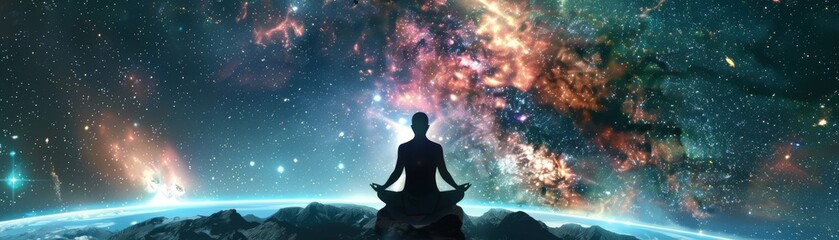 A man meditating on a mountaintop with a beautiful nebula and stars in the background