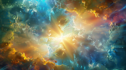 A visionary depiction of Revelation 21-22, showing a radiant new heaven and a new earth emerging from the celestial realm, with divine light.