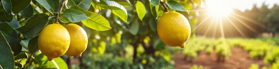 Lemon tree with yellow lemons on the branch in lemon farm field,selective focus.Healthy food...