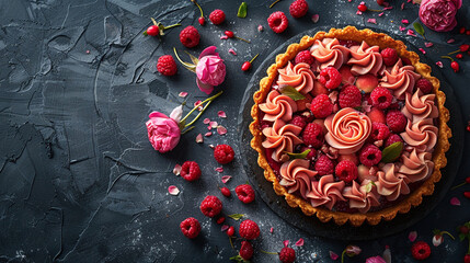 Beautiful raspberry tart with pink frosting and fresh raspberries on top