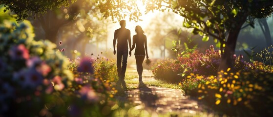 Silhouetted figures, couple is walk among blooming flowers in golden sunlight