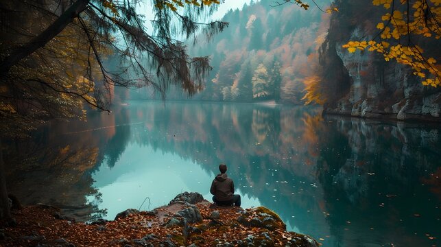 person sitting on a rock relaxing at a calm lake