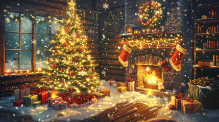 Fototapeta premium Festive Christmas Celebration with Joyful Family Gathering and Decorated Tree