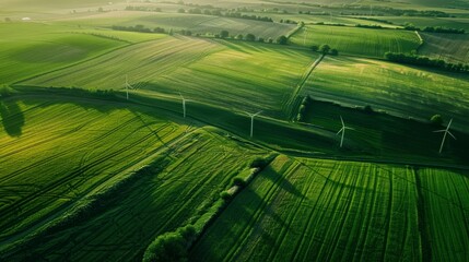 windmills in a green field, aerial view. copy space. green ecology landscape background 
