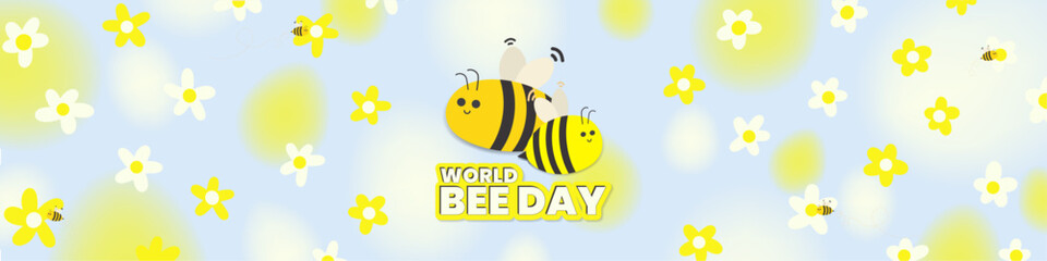 Obraz premium Long Panorama of a World Bee Day Greeting Artwork. Two flying cartoon bees on a cute and colorful floral background. Floating white and yellow flowers with flying honey bees. Celebrated on May 20. 