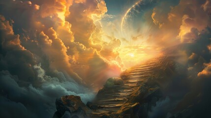 A stairway to heaven with clouds and light