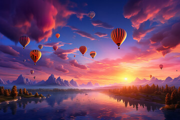 A cluster of hot air balloons drifting lazily across the sky, silhouetted against the backdrop of a stunning sunset - Powered by Adobe