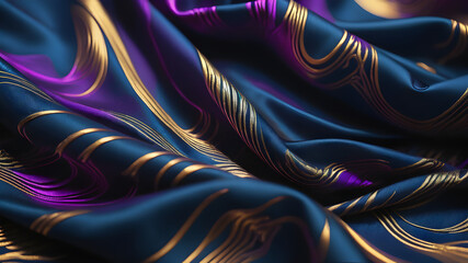 Fototapeta premium Blue and Gold Fabric in Wavy Abstract Background