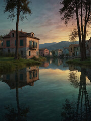 Fototapeta premium Tranquil Lakeside Retreat with Roof House at Sunset