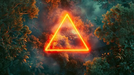 neon triangle illuminating the dense forest of red and orange