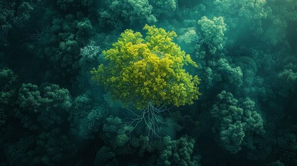 Naklejka premium neon tree standing tall in a dense forest of vibrant green and neon yellow