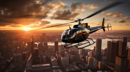 Helicopter on fly, taxi helicopter above financial district, helicopter charter.