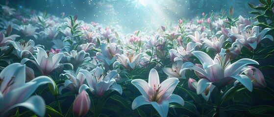 Magical blooming lilies under radiant light, showcasing serene beauty
