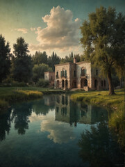 Fototapeta premium Tranquil Lakeside Retreat with Roof House at Sunset