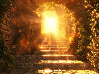 Mystical sunlit pathway with glowing leaves leading to enchanting light background