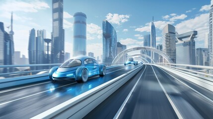 Car driverless, blockchain, web-linked car, matrix style, on viaducts, Lidar, tall buildings