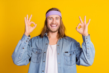 Photo portrait of attractive young hippie man show okey symbol approve wear trendy denim outfit...