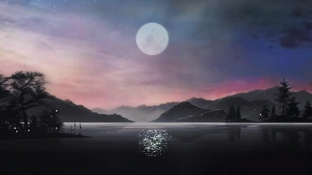 night landscape with super moon, silhouette of trees, mountain, and water reflection seamless looping footage
