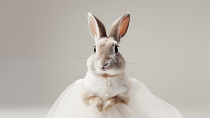 Obraz premium Rabbit in a wedding dress, pure and simple elegance, on a solid white background
