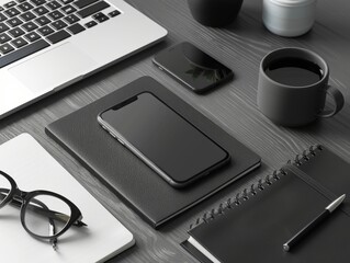 Clean and minimalist tabletop setup featuring a sleek smartphone and elegant notebook.