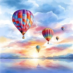 Fototapeta premium Several hot air balloons rising at sunrise, colors reflecting the early morning light, fluffy clouds in the background, watercolor style on a white background, vibrant