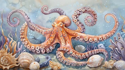 Soothing watercolor of an octopus gliding peacefully over a seabed dotted with sea anemones and shells, creating a calming bedtime scene