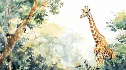 Tranquil watercolor of a gentle giraffe among tropical trees, its towering height adding a sense of wonder and exploration