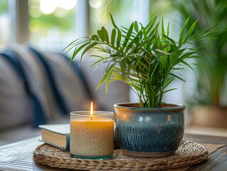 Modern tabletop arrangement with a potted plant, candle, and book, evoking a serene atmosphere.