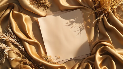 Minimal brand template with blank paper sheets dried grass soft sunlight shadows on gold silk cloth Top view aesthetic flat lay