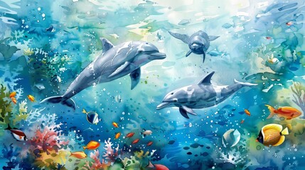 Tranquil watercolor of dolphins gliding through a deep sea adventure, surrounded by a variety of colorful fish and marine life