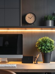 Unbranded desktop setup with a stylish clock and decorative plant, creating a minimalist vibe.