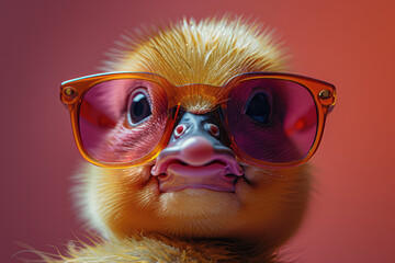 Cute baby duck wearing purple glasses. Created with Ai