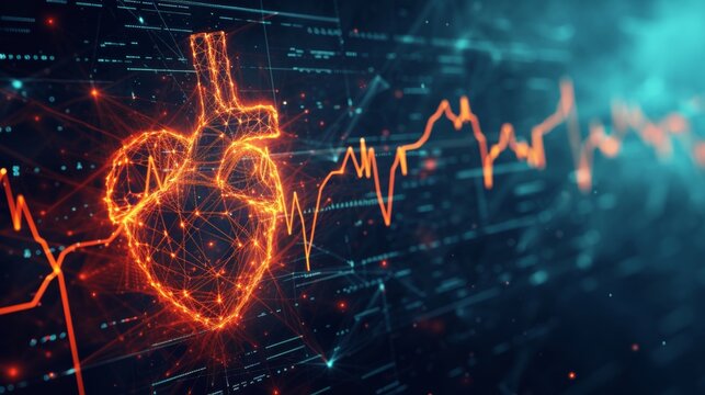 Glowing hologram of human heart organ 3D structure with dark background.