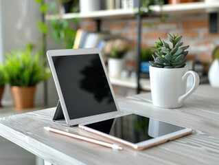 Unbranded tablet and stylus on a minimalist desk, highlighting technology and creativity.