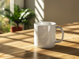Unbranded white mug on a minimalist tabletop, ideal for showcasing beverage products.