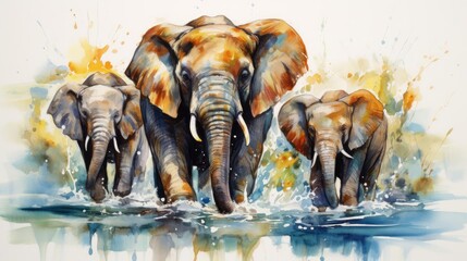Elephant family splashing in a river, playful and loving interaction, vivid and expressive watercolor strokes, isolated on white background