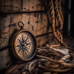 Vintage Nautical Compass on Wooden Background with Rope