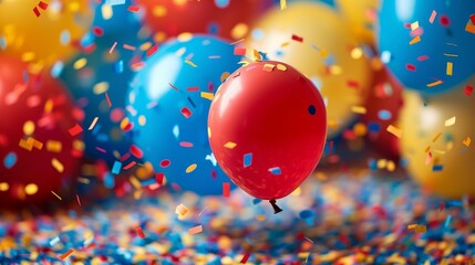 Balloons and confetti decorating a birthday or party scene