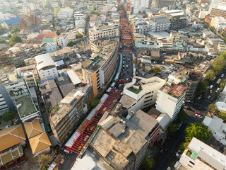 An aerial view of the Yaowarat road or Chinatown, The most famous tourist attraction in Bangkok,...