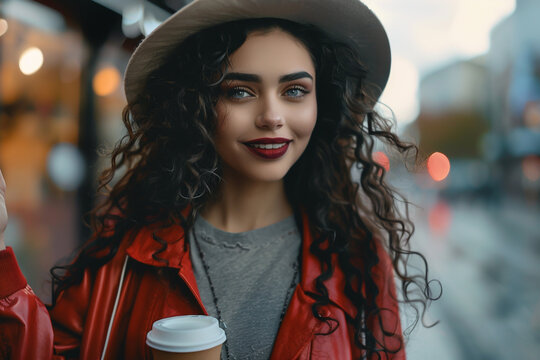 Close up portrait of a happy young woman in a red jacket and gray t-shirt with a hat