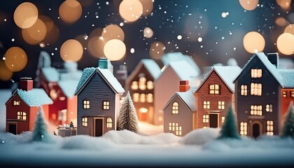 Row of holiday houses gleam in snow under midnight sky