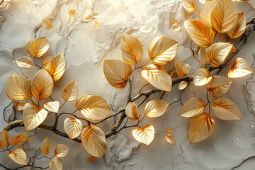 Gold flowers on marble background. Created with Ai