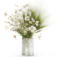 Summer bouquet of wildflowers poppy chamomile wheat isolated on white background