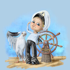 A little sailor with a seagull salutes
