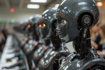 Fototapeta premium Row of robot heads in advanced robotics lab