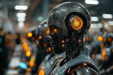 Fototapeta premium Robot standing in front of group of people